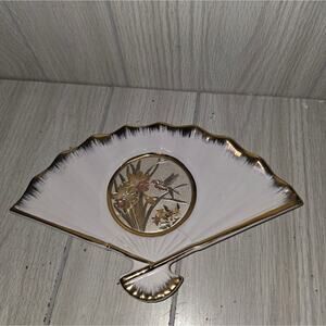 Vtg Art Of Chokin 24k Gold Edged Fan Shaped Dish Humingbird Flowers Japanese